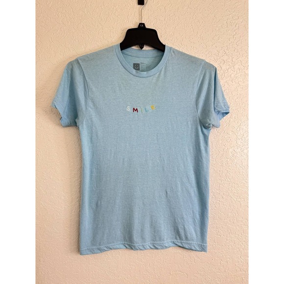Smile Embroidered T-Shirt Small Light Blue Cotton Rainbow Minimalist Graphic Tee - Picture 1 of 4